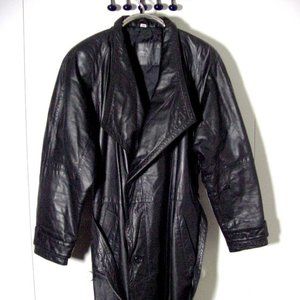 Vtg 80's Women's Black Leather Belted Trench Coat Sz M Midwest International